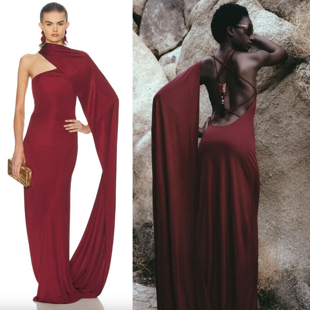 One-Shoulder Burgundy Maxi Dress with Dramatic Drape